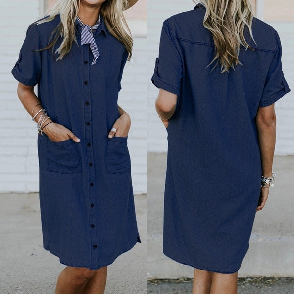 New Women's Solid Color Denim Pocket Denim Dress