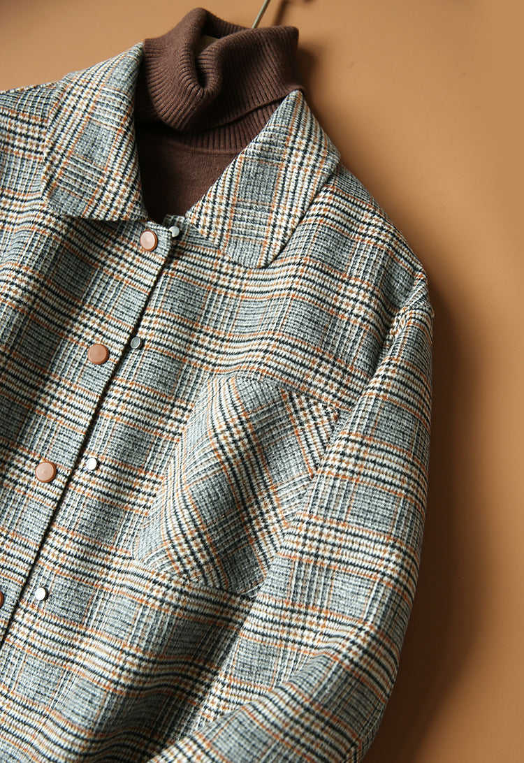 Handmade Plaid Woolen Coat Ladies Loose Casual