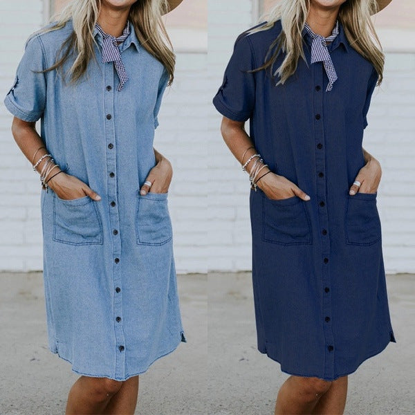 New Women's Solid Color Denim Pocket Denim Dress