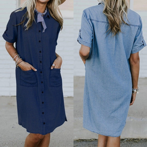New Women's Solid Color Denim Pocket Denim Dress