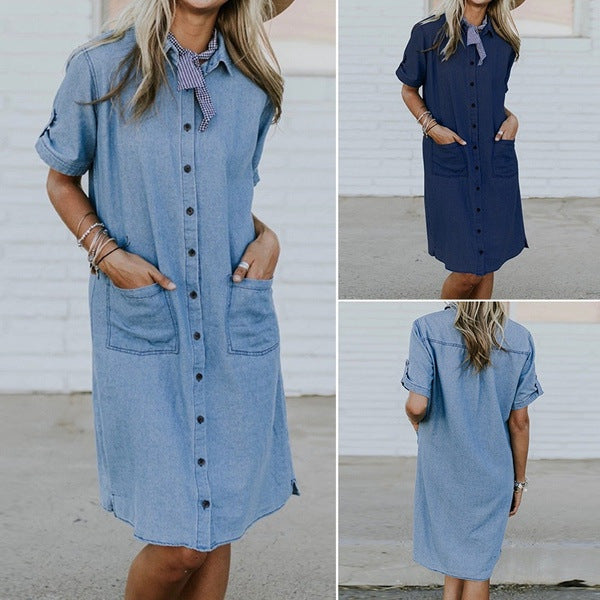 New Women's Solid Color Denim Pocket Denim Dress