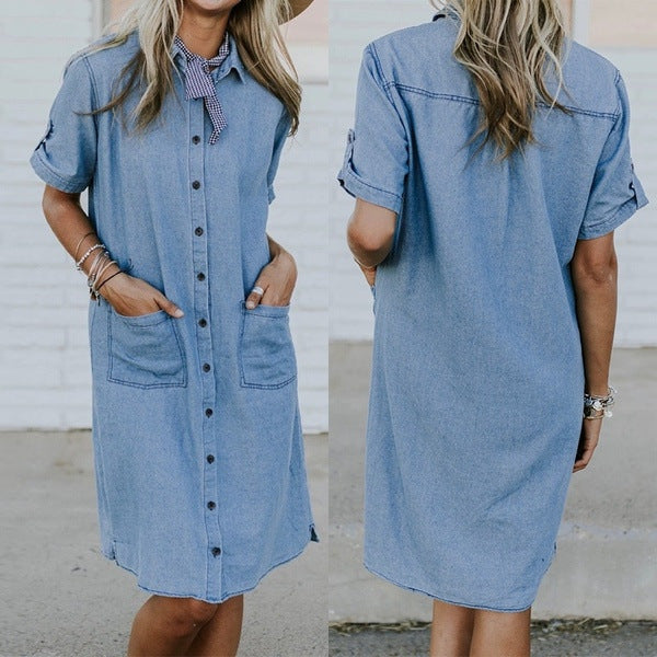 New Women's Solid Color Denim Pocket Denim Dress