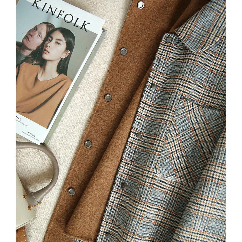 Handmade Plaid Woolen Coat Ladies Loose Casual
