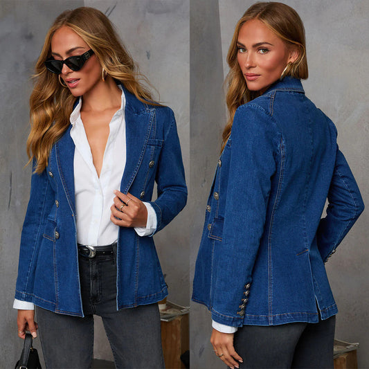 Casual Blue Denim Female Suit Coat