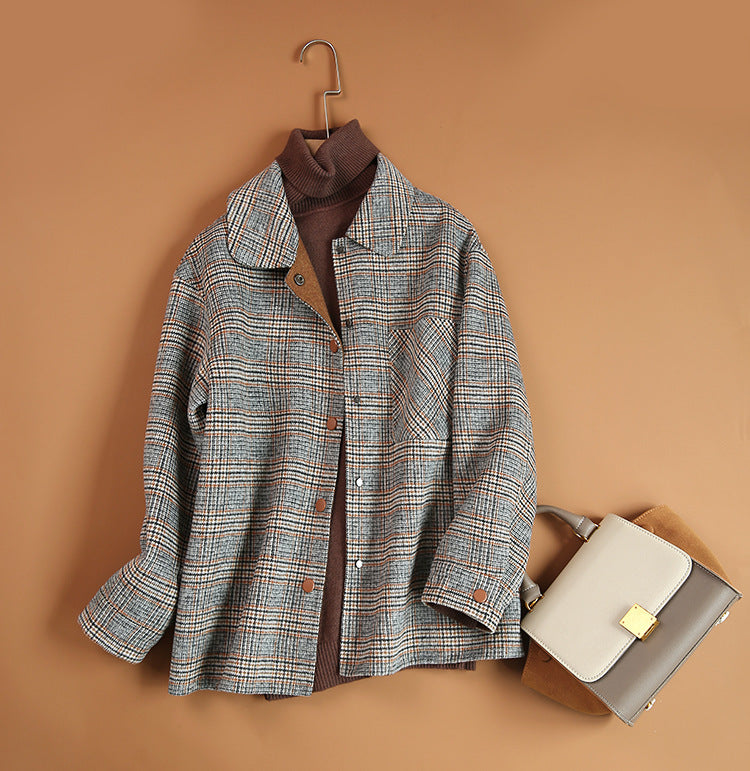 Handmade Plaid Woolen Coat Ladies Loose Casual