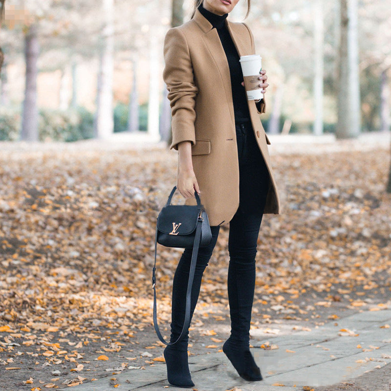 Ladies Stand-collar Slim-fit Woolen Coat