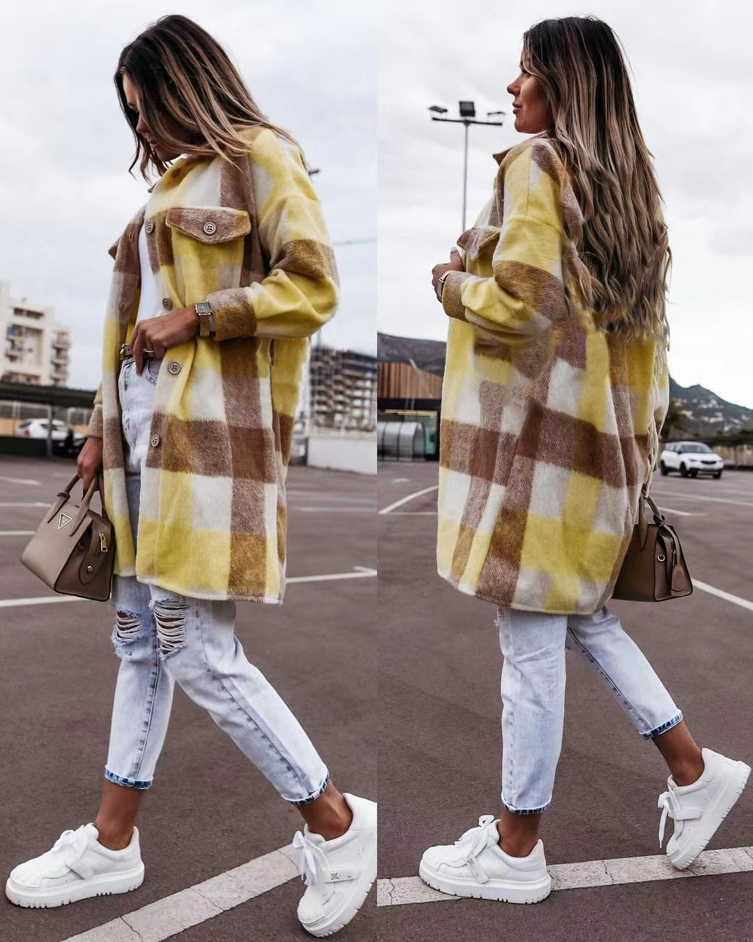 New Ladies Plaid Woolen Coat Jacket