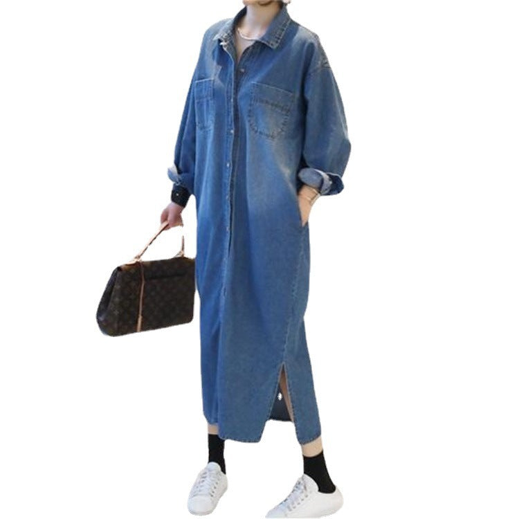 Fashion Denim Long Slit Loose Denim Shirt Jacket